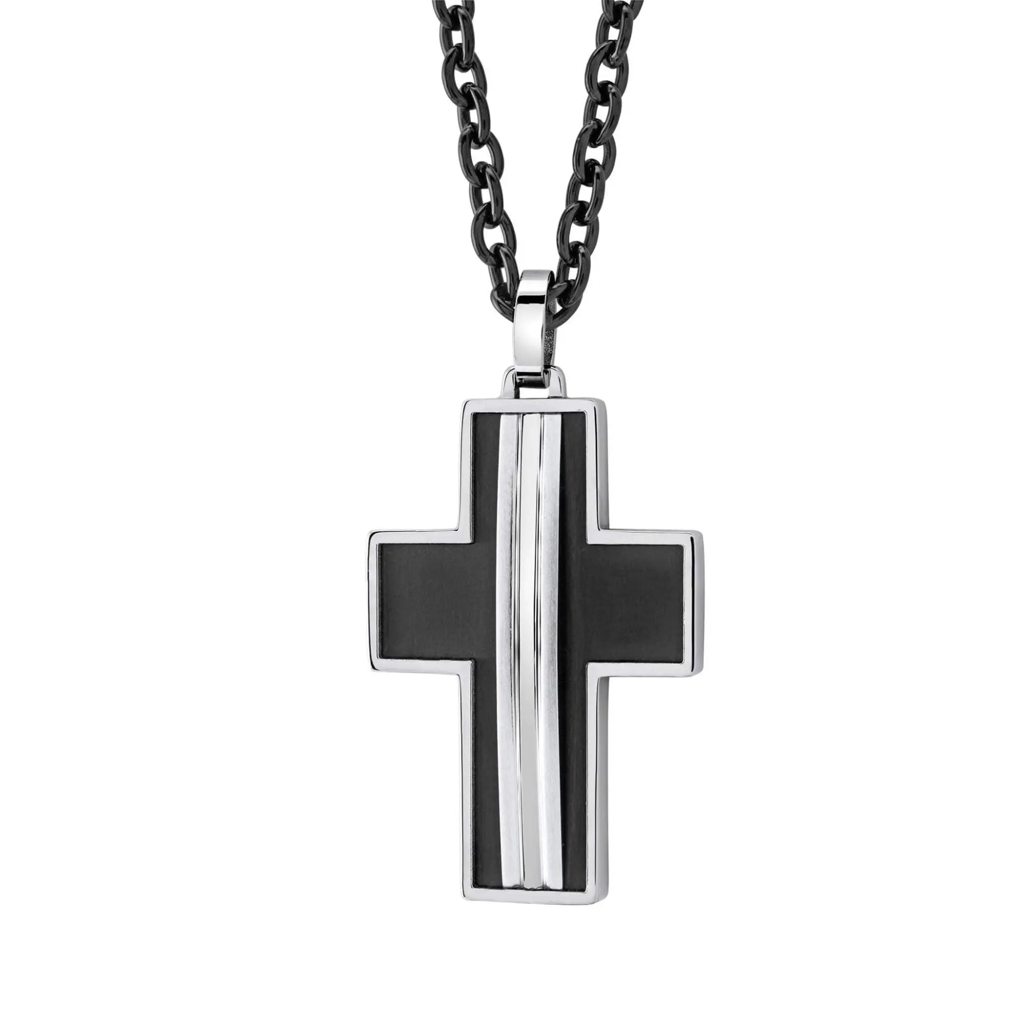 Black and silver fede cross pendant with sleek modern design featuring three vertical stripes on the center