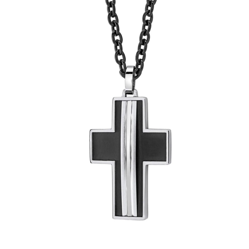 Black and silver fede cross pendant with sleek modern design featuring three vertical stripes on the center