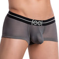 Gray mesh men’s boxer trunk underwear with black waistband and white feel logo for breathable comfort