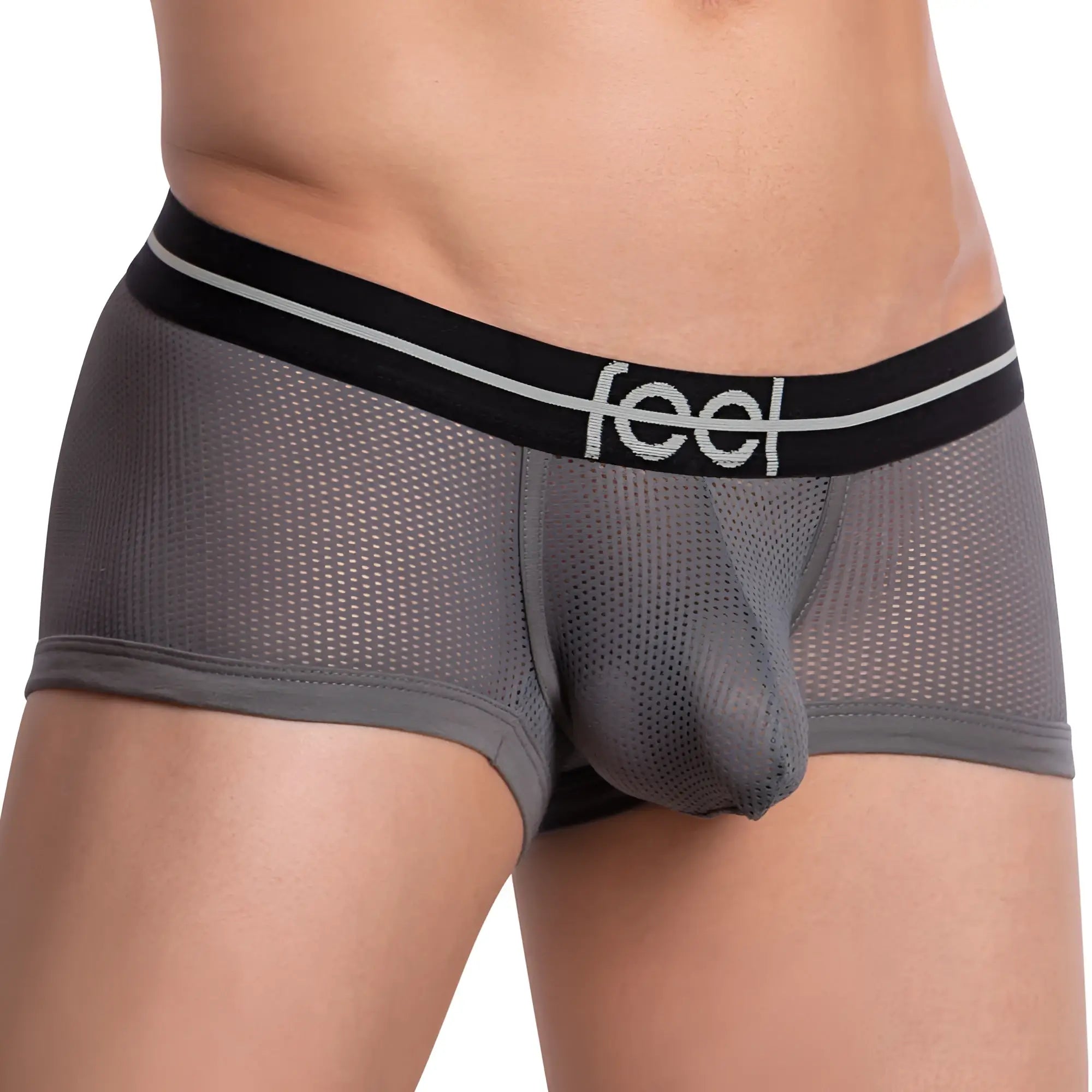Gray mesh men’s boxer trunk underwear with black waistband and white feel logo for breathable comfort
