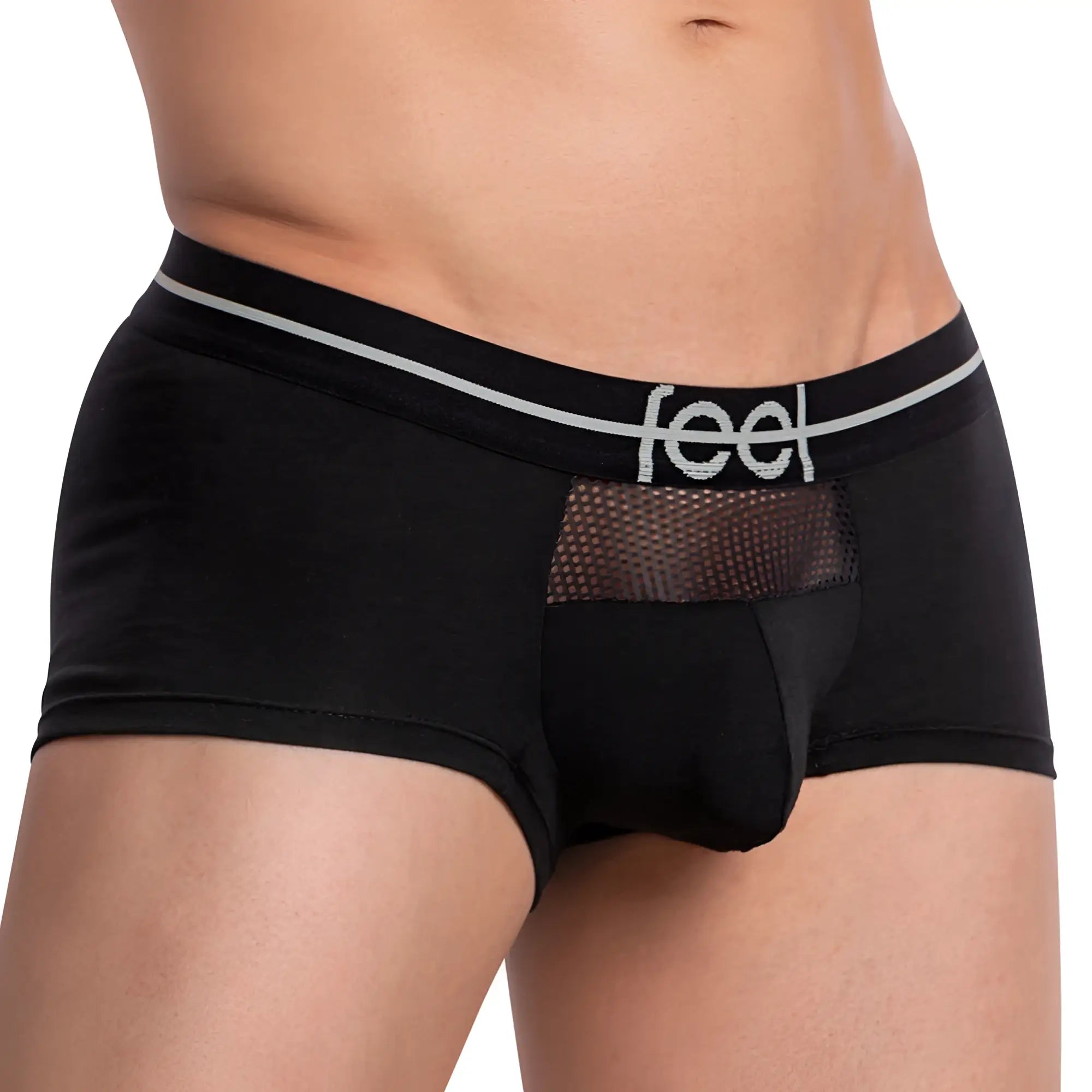 Feel feg025 boxer trunk black men’s briefs with mesh panel and white feel branding on waistband