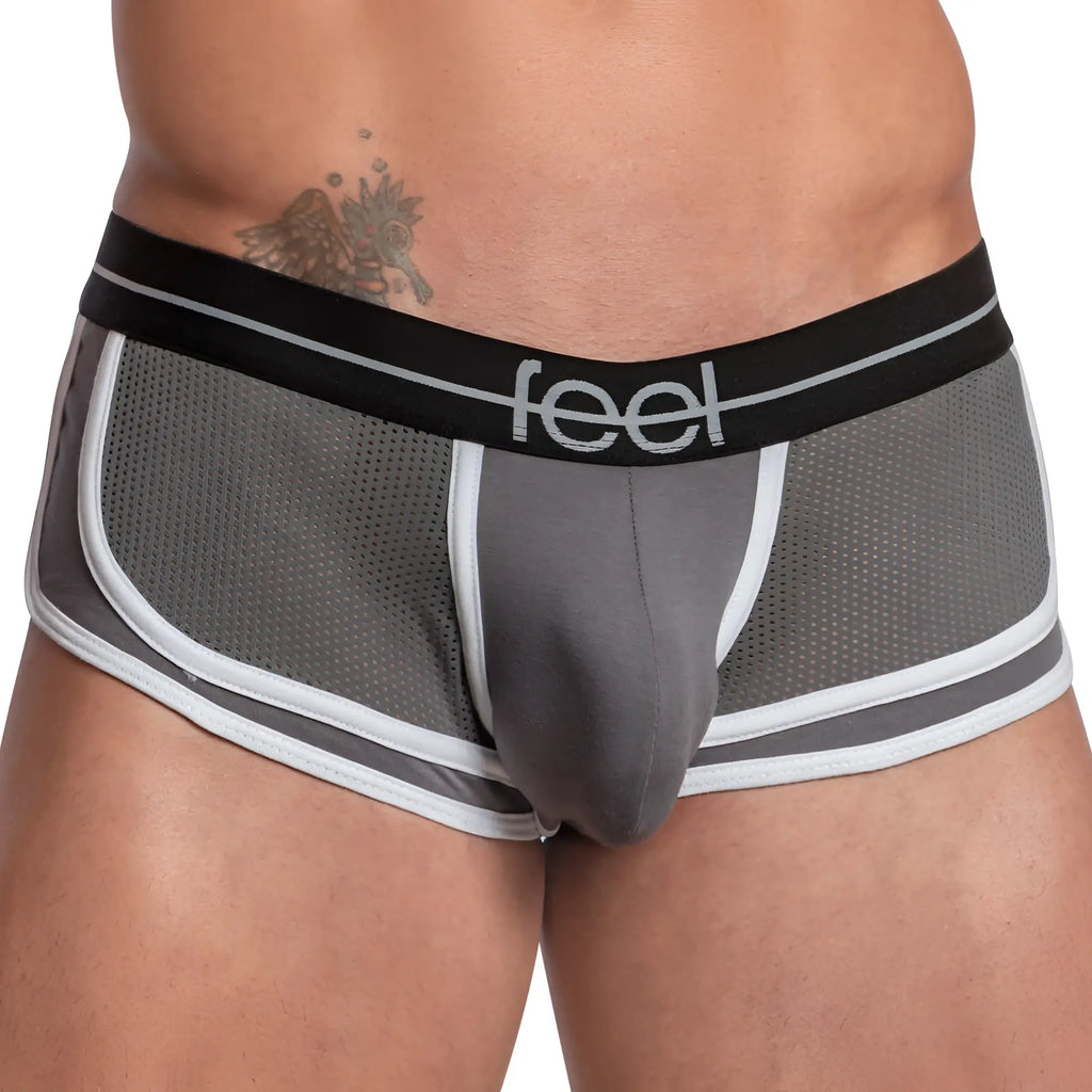 Feel FEG026 boxer trunk gray mesh briefs with white and black trim and feel logo on waistband