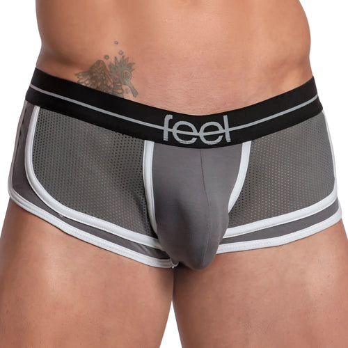 Feel FEG026 boxer trunk gray mesh briefs with white and black trim and feel logo on waistband