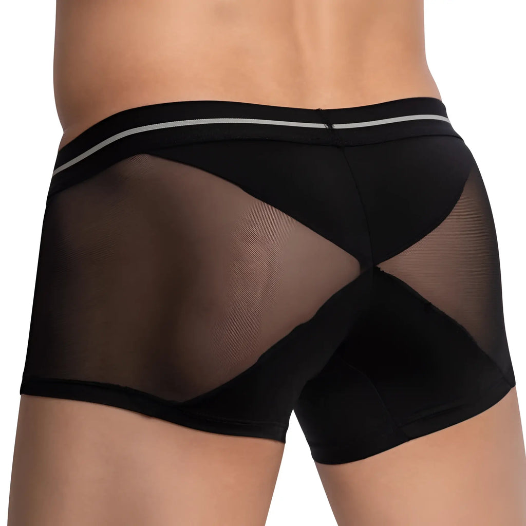 Black mesh briefs feel feg028 boxer trunk with solid black waistband and two thin silver stripes visible from the front