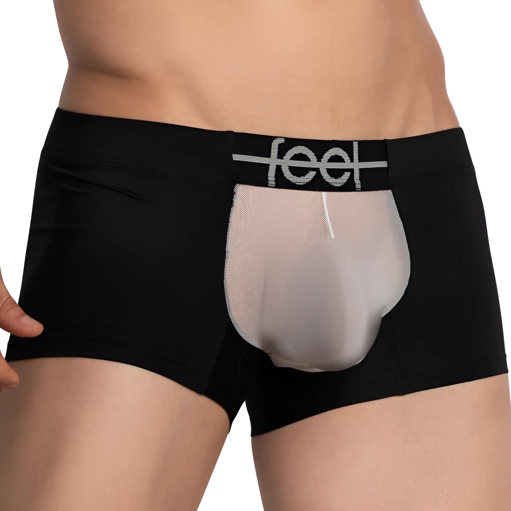Black feel feg029 boxer trunks featuring a sheer translucent mesh panel and logo waistband detail