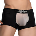 Black feel feg029 boxer trunks featuring a sheer translucent mesh panel and logo waistband detail