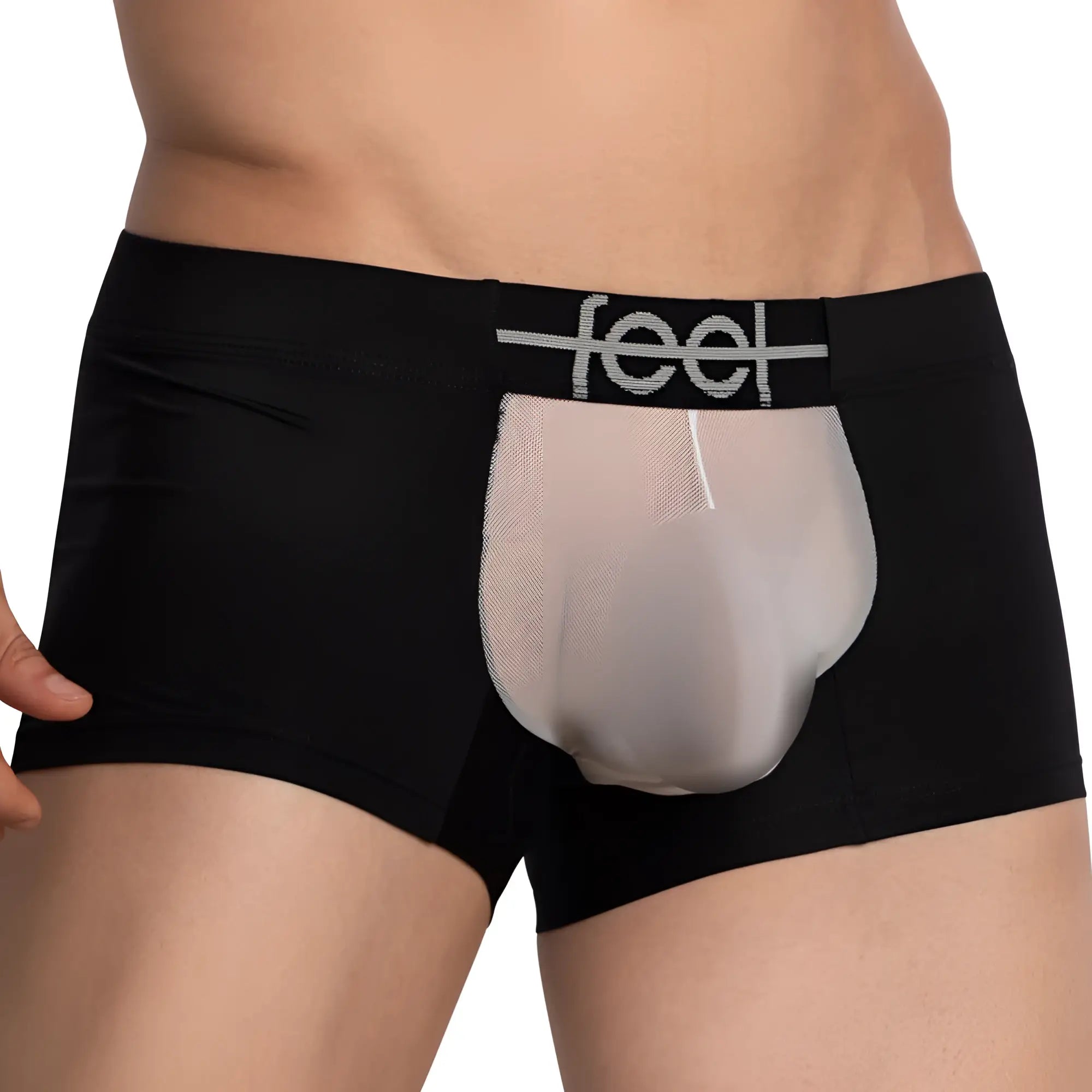Black feel feg029 boxer trunks featuring a sheer translucent mesh panel and logo waistband detail