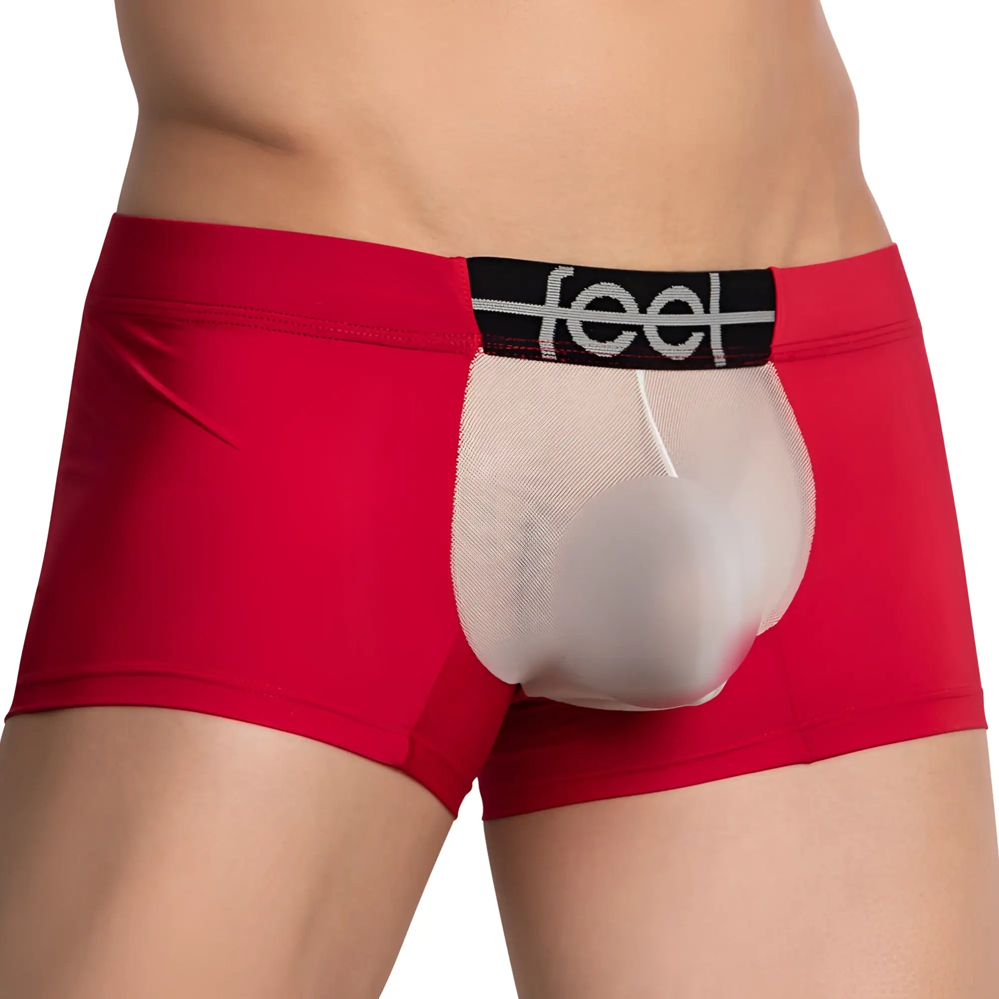 Red men’s feel feg029 boxer trunk with transparent mesh panel and black waistband featuring feel logo