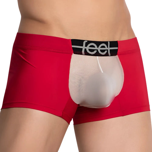 Red men’s feel feg029 boxer trunk with transparent mesh panel and black waistband featuring feel logo
