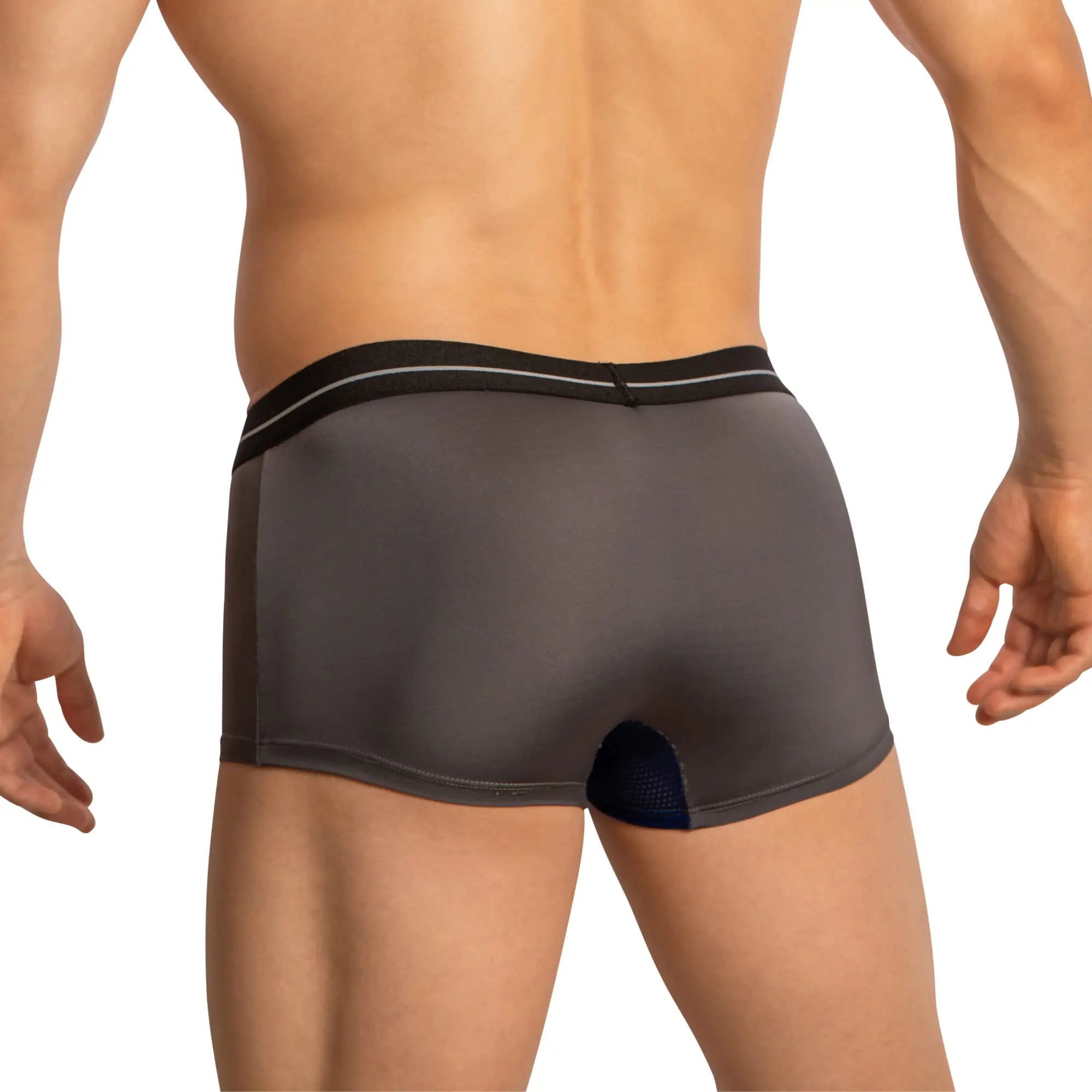 Feel feg030 boxer trunk gray men’s boxer briefs with black waistband white stripes and dark blue mesh back panel
