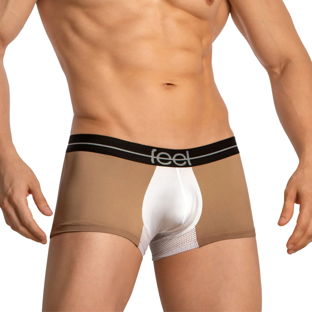 Feel feg030 boxer trunk tan and white men’s boxer briefs with black waistband featuring the feel logo