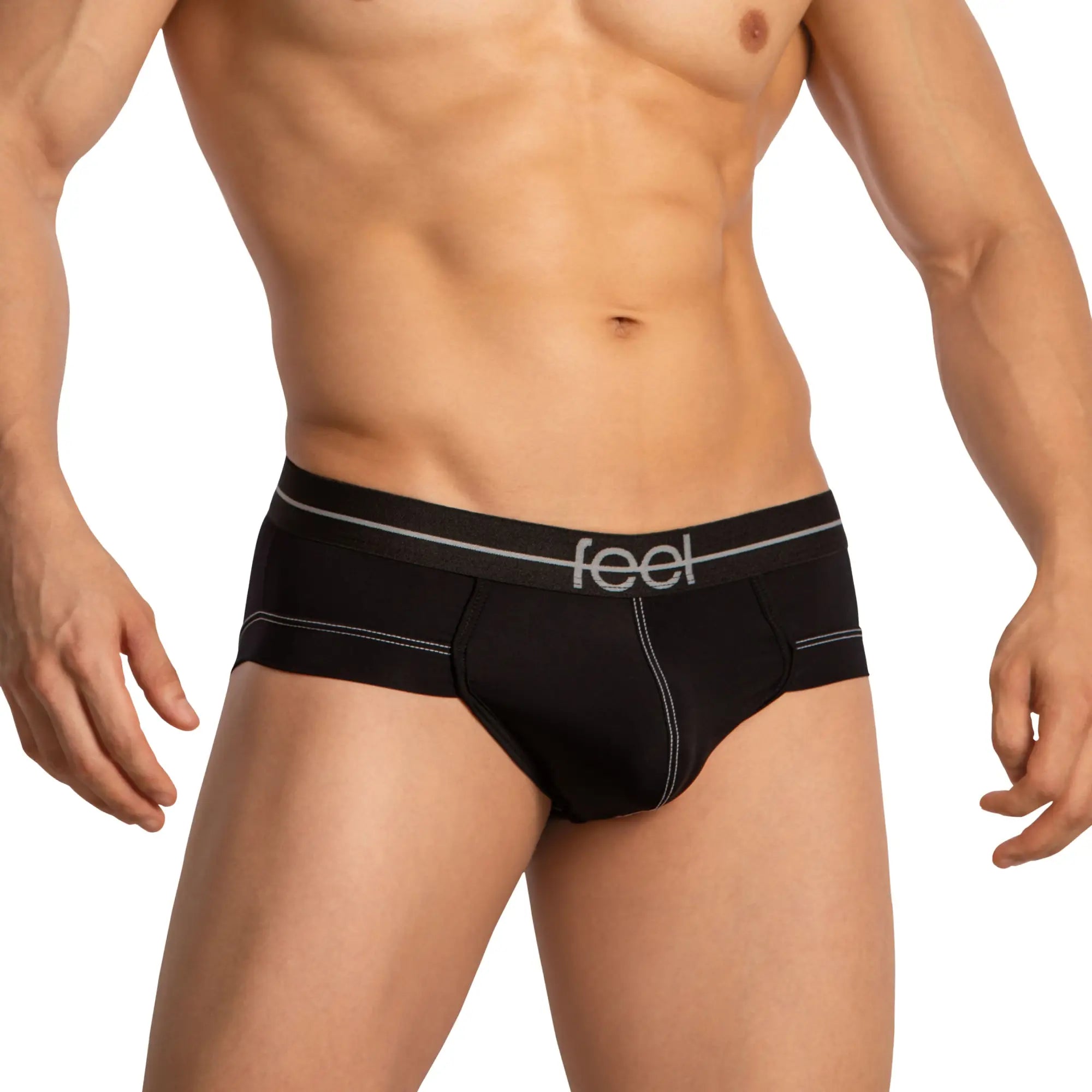 Black men’s briefs with white stitching and a gray feel logo on the waistband from Feel FEG032 Boxer collection