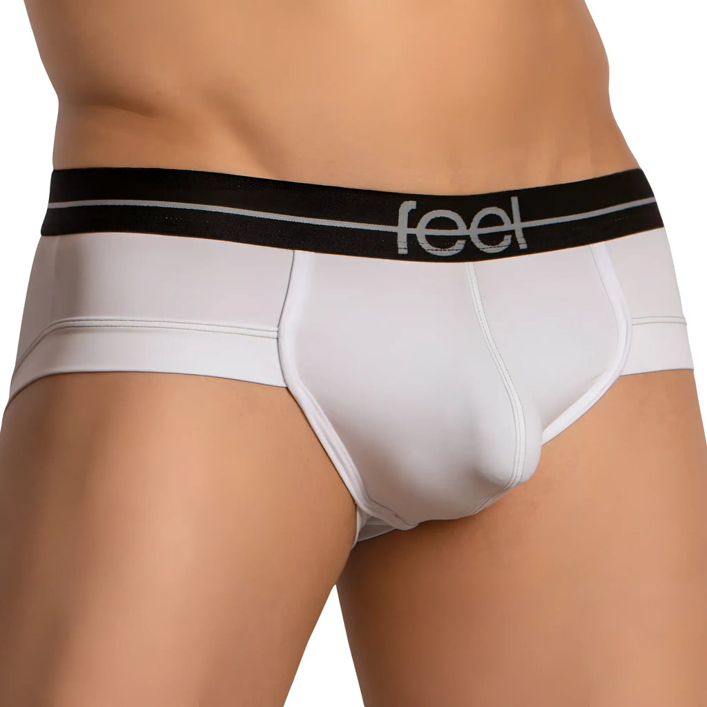 White men’s briefs feel feg032 boxer with black waistband and silver feel logo for comfortable everyday wear