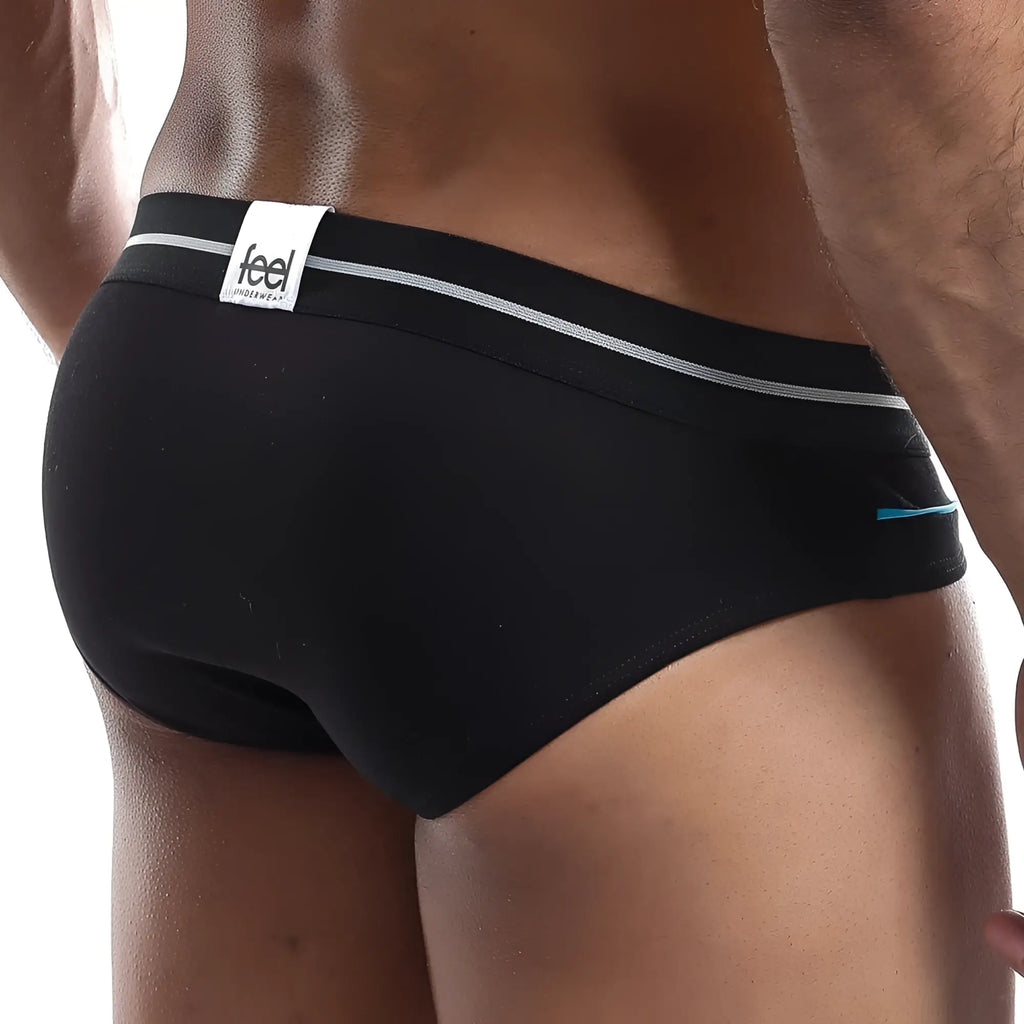Black men’s briefs feel feh005 with white and light blue trim and branded waistband for comfortable wear