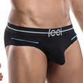 Black mens briefs feel FEH005 with white feel logo and light blue trim accents made from soft breathable fabric