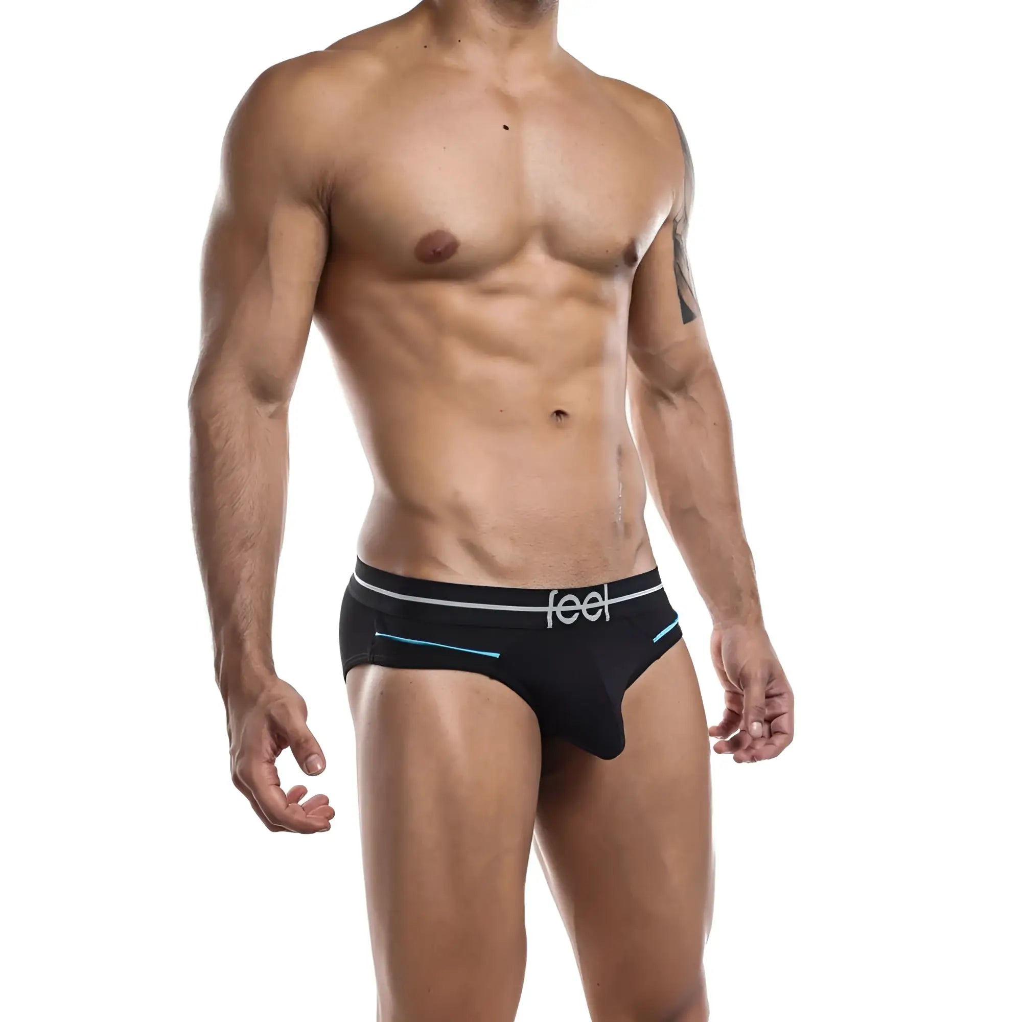 Black men’s briefs feel feh005 with white and teal accent stripes and branded waistband for comfortable everyday use