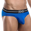 Blue men’s briefs feel feh005 with black waistband and white feel logo for comfortable everyday wear