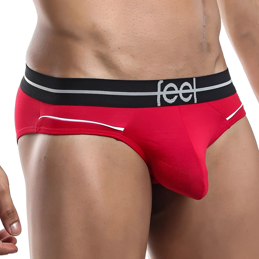 Red men’s briefs with black waistband white stripes and feel logo in the feel feh005 brief design
