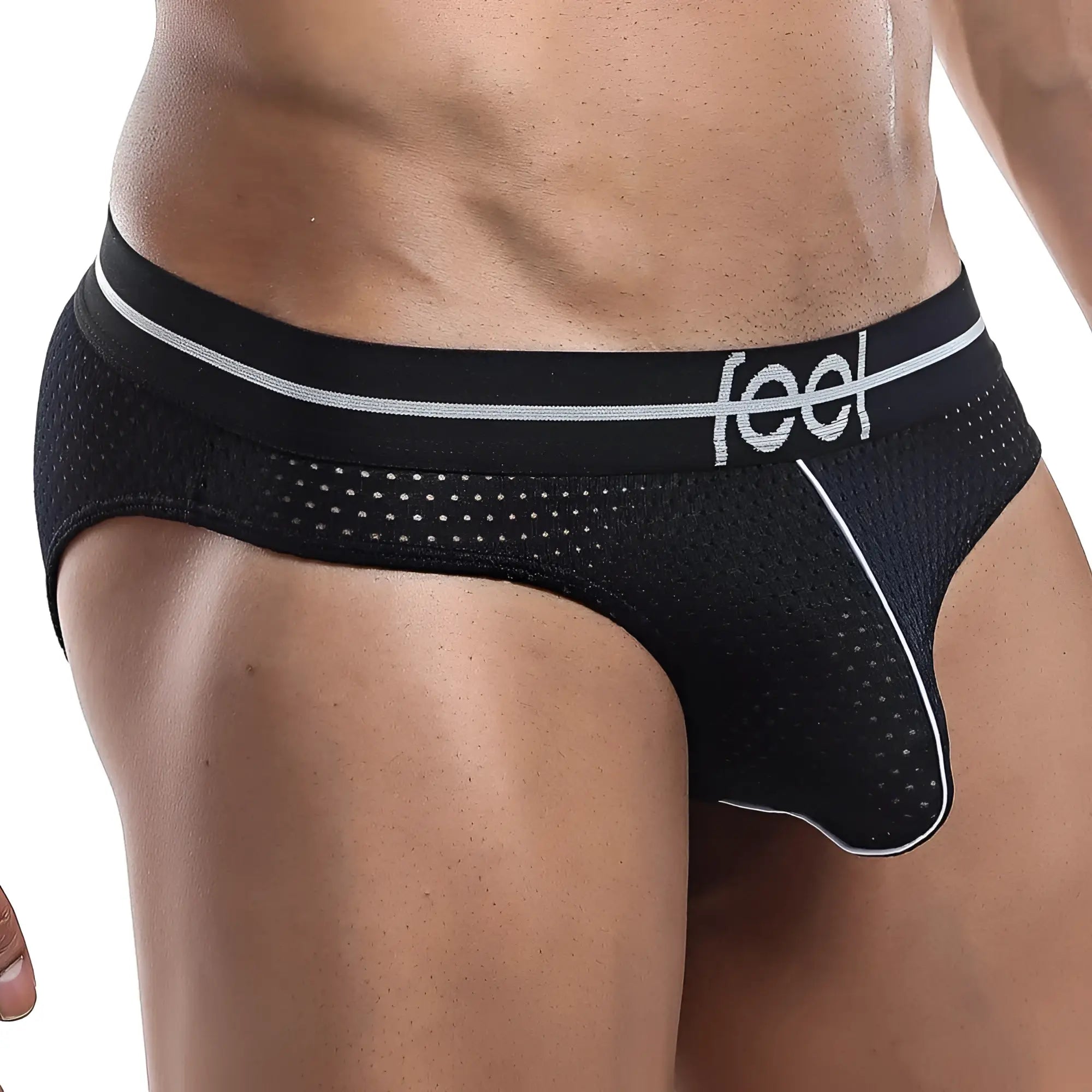 Black mesh feel fei002 bikini brief with white trim and branded waistband for stylish breathable comfort
