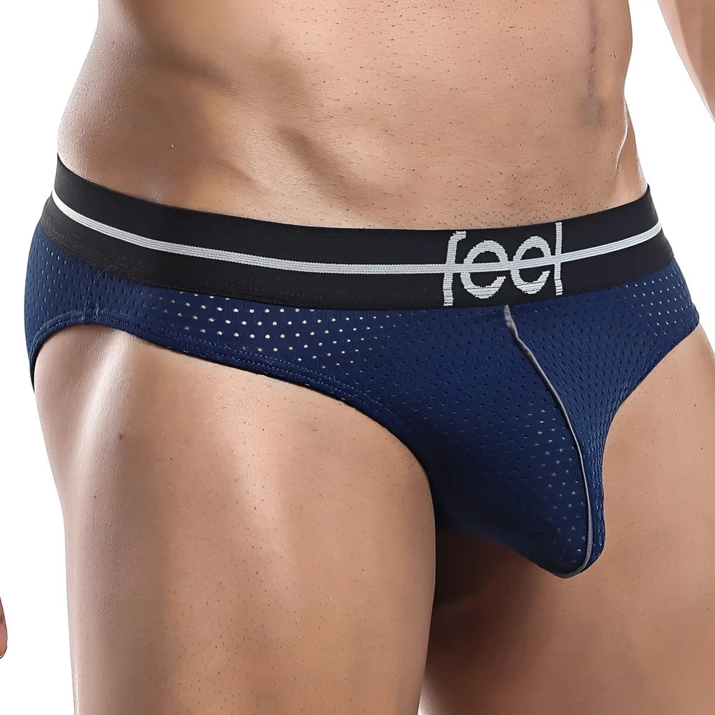 Navy blue mesh feel fei002 bikini briefs with black waistband featuring white feel logo for comfortable everyday wear