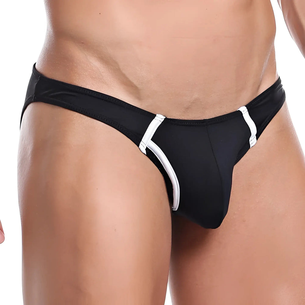 Black swim trunks with white trim accents designed for sport use in the feel fei010 sport bikini collection