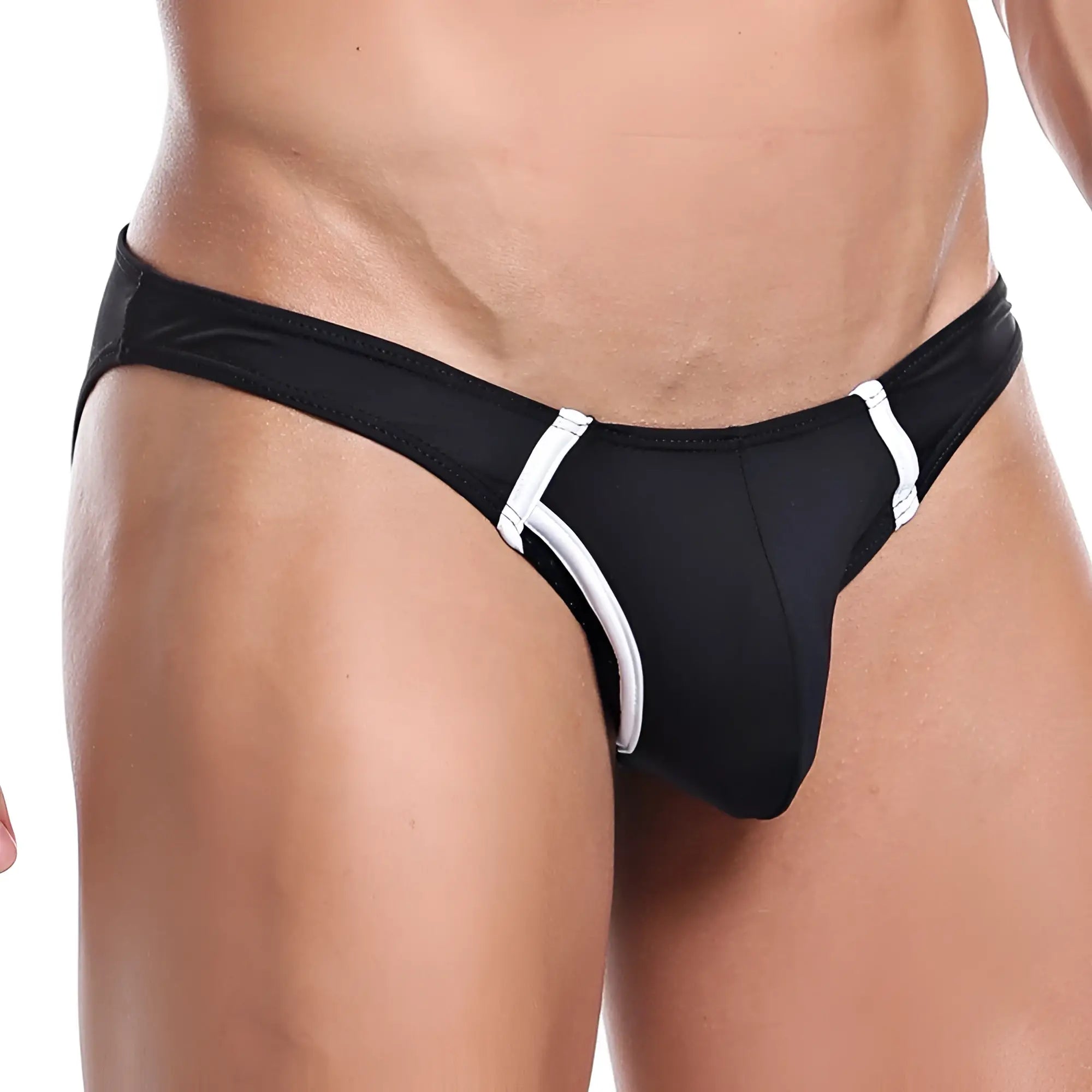 Black swim trunks with white trim accents designed for sport use in the feel fei010 sport bikini collection