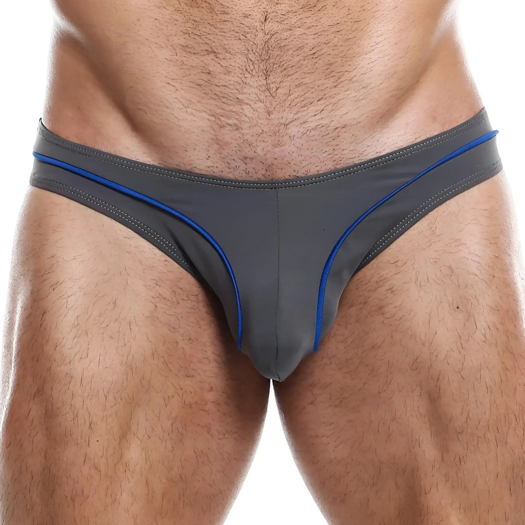 Gray cheeky thong bikini brief with blue trim from feel fei011 collection in soft breathable fabric