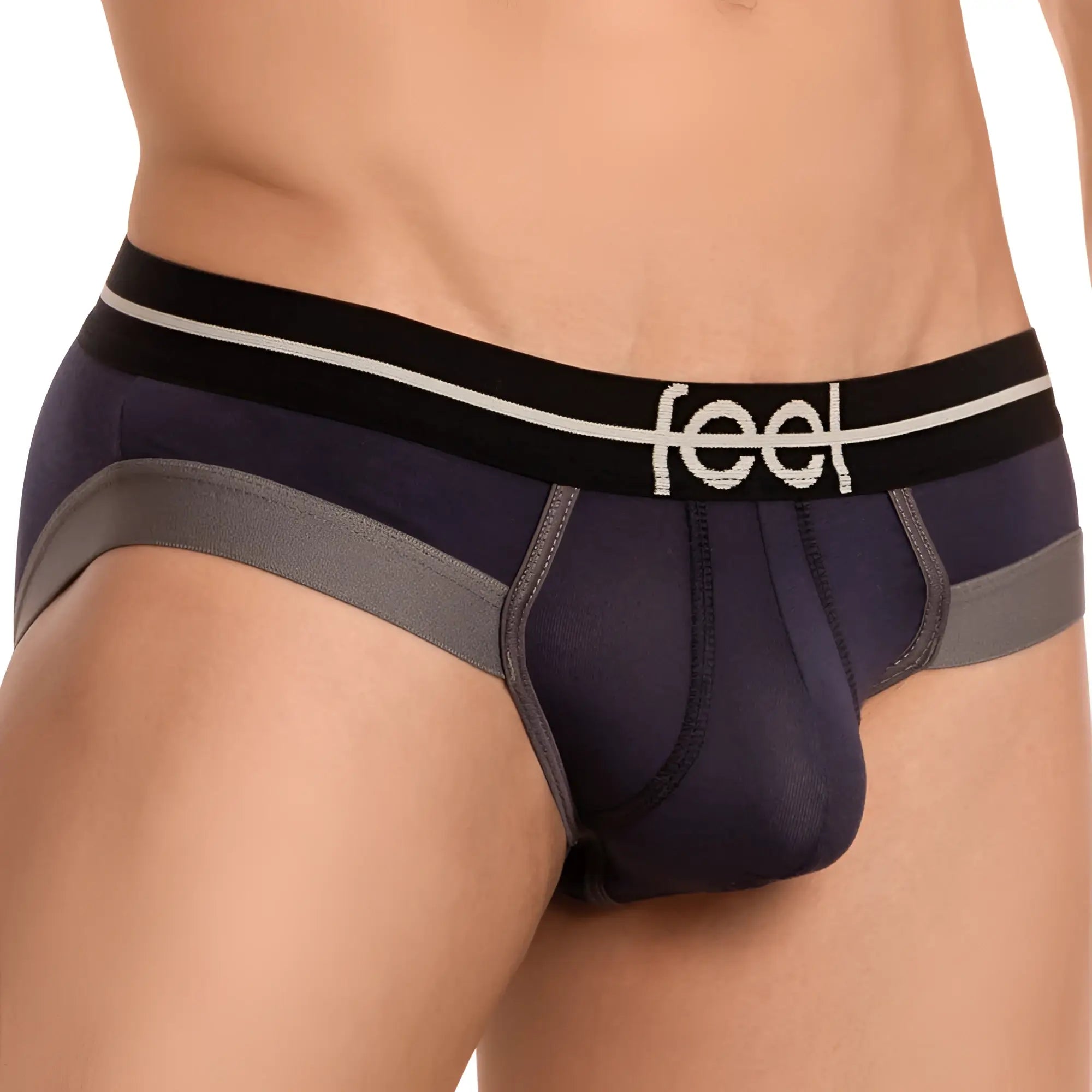 Feel fei014 bikini brief navy blue and gray men’s briefs with black waistband and white feel logo