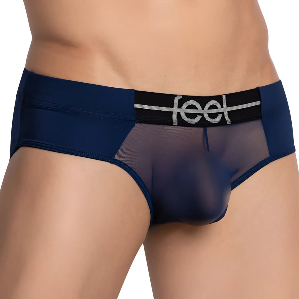 Navy blue sheer mesh men’s briefs with black elastic waistband and silver feel logo from Feel FEI020 bikini brief