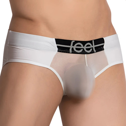 White mesh feel fei020 bikini brief with black waistband and silver feel logo for breathable comfort