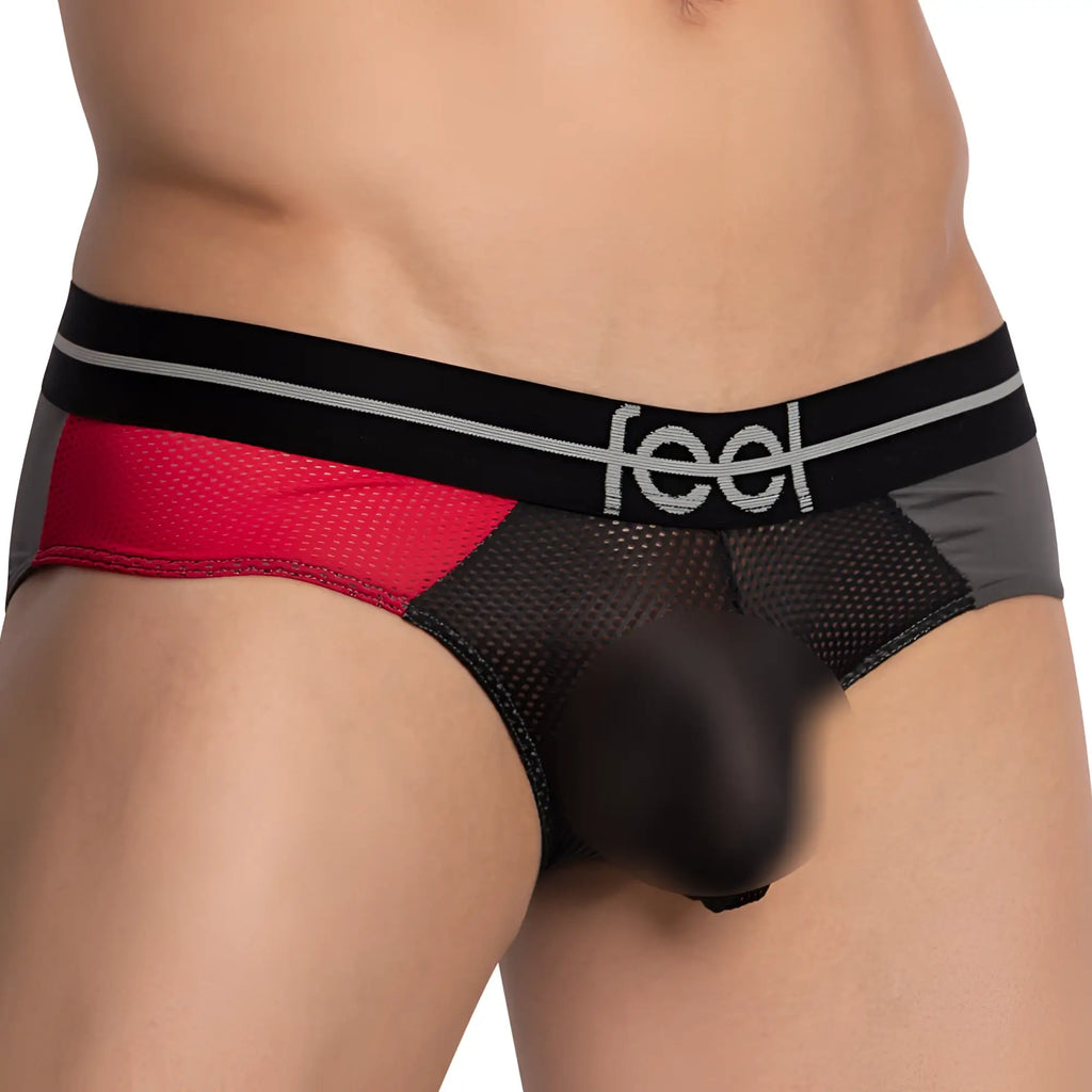 Feel fei021 bikini brief men’s black and red mesh briefs with a black waistband featuring the feel logo in white