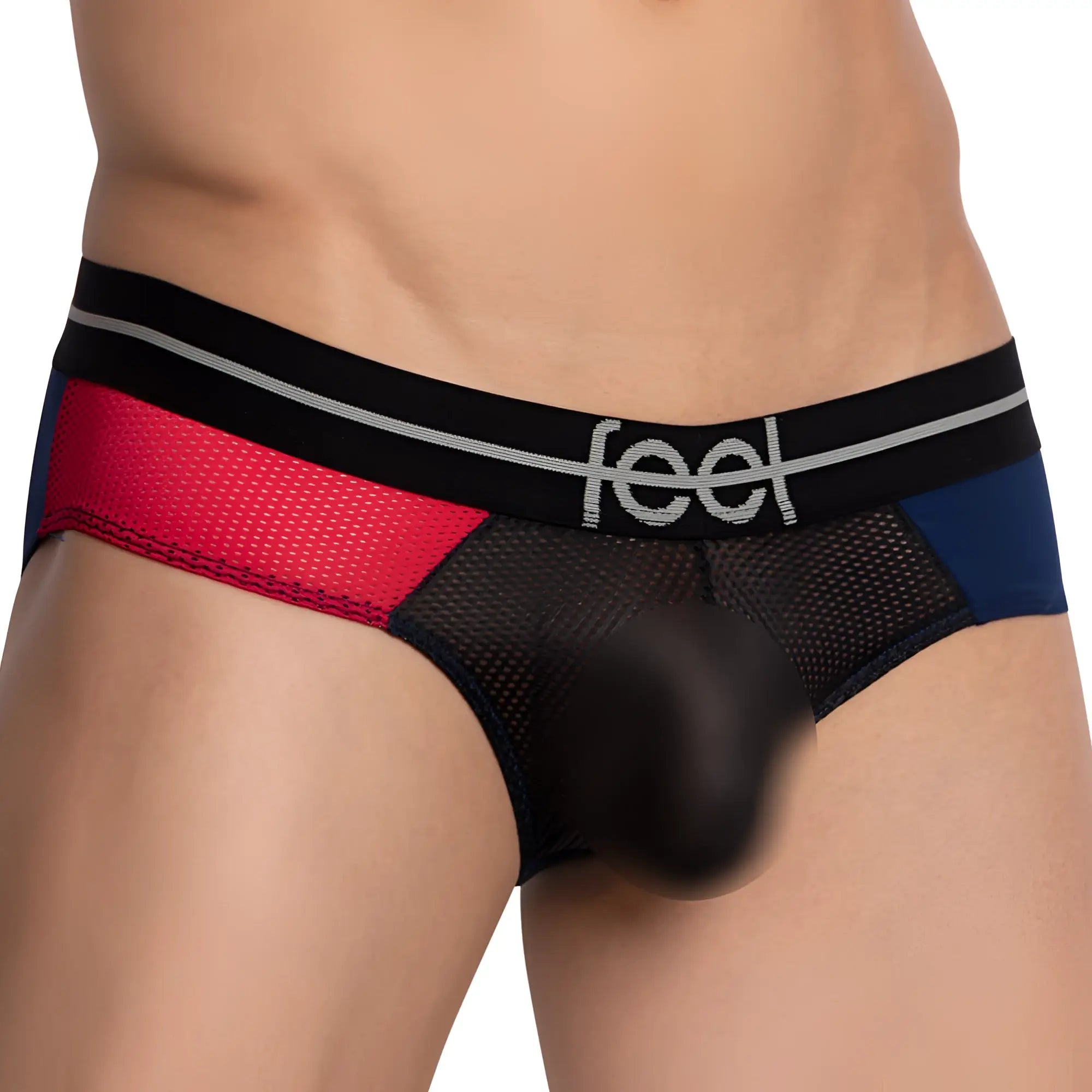 Feel fei021 bikini brief in black red and navy blue mesh with feel logo on the waistband