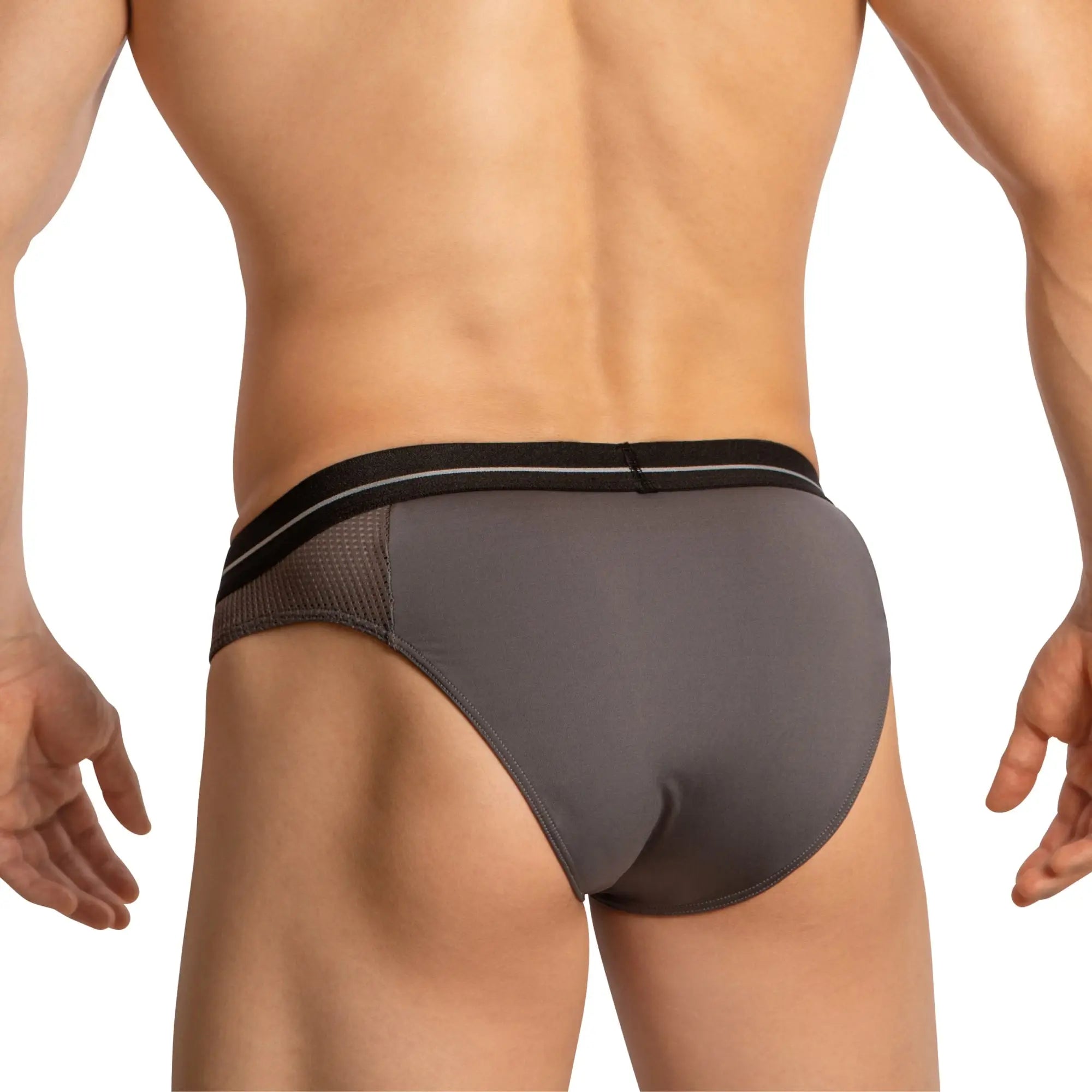 Gray feel fei023 bikini brief with black waistband white stripes and mesh side detailing for athletic wear