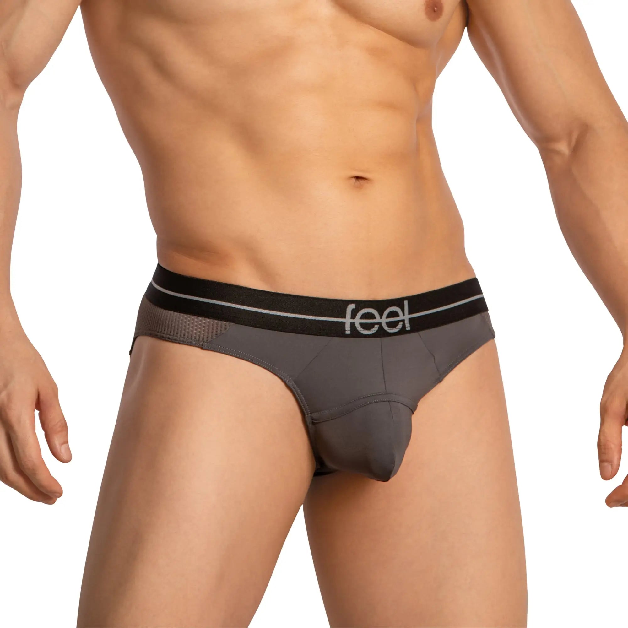 Gray men’s briefs with a black waistband featuring the feel logo in white from the Feel FEI023 Bikini Brief collection