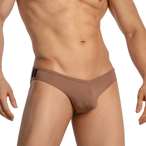 Tan men’s briefs feel fei024 bkini brief with black waistband stripe detail in a soft comfortable fabric