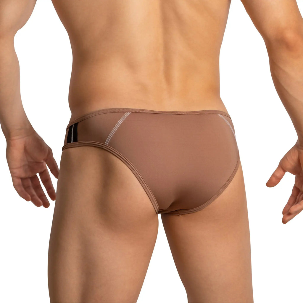 Tan men’s briefs feel fei024 bkini brief with black and white striped waistband accent for comfortable wear