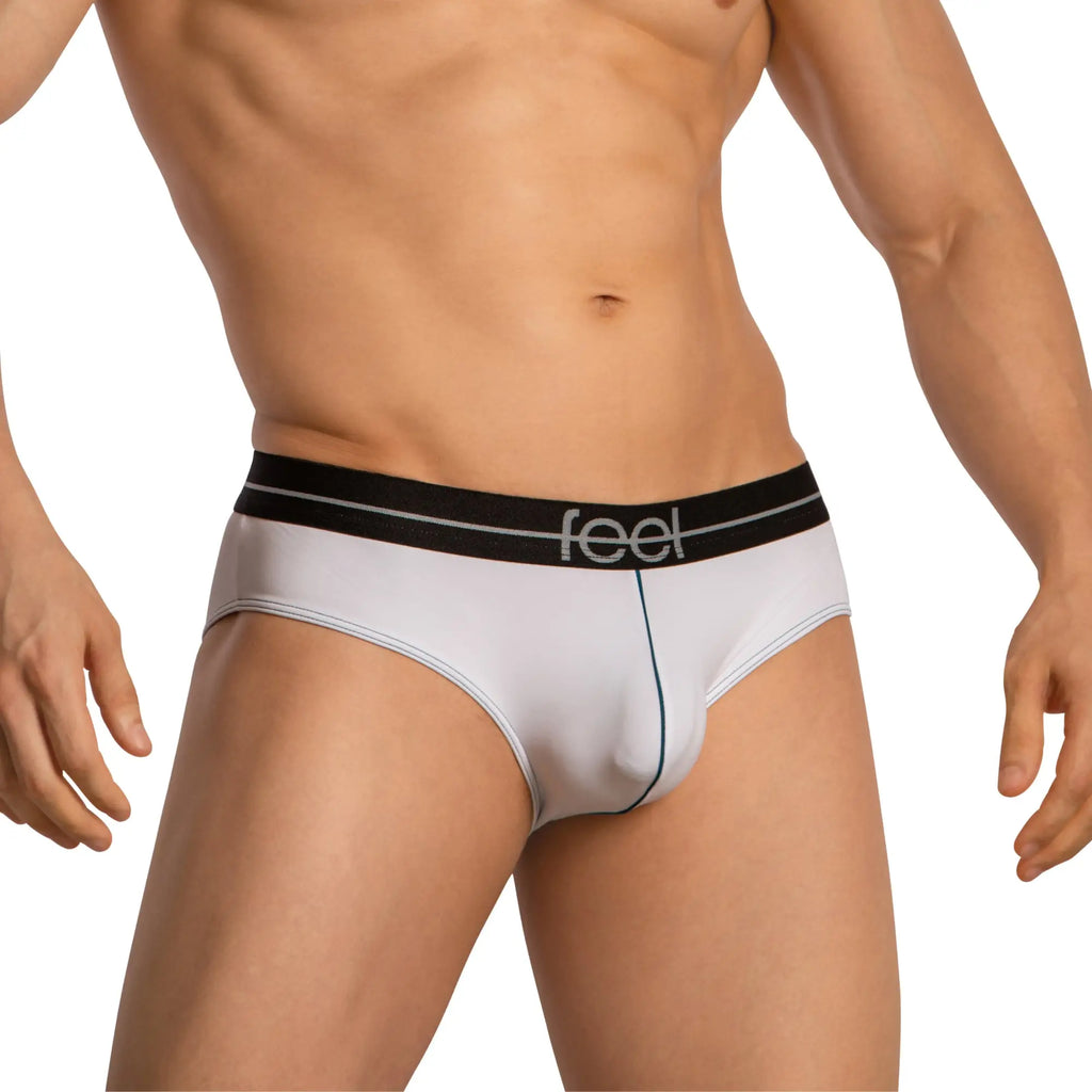 White feel fei025 bikini brief with black waistband silver logo and thin blue center seam for men’s underwear