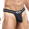 Black feel FEK014 micro micro thong jockstrap with white and blue trim showing front side design