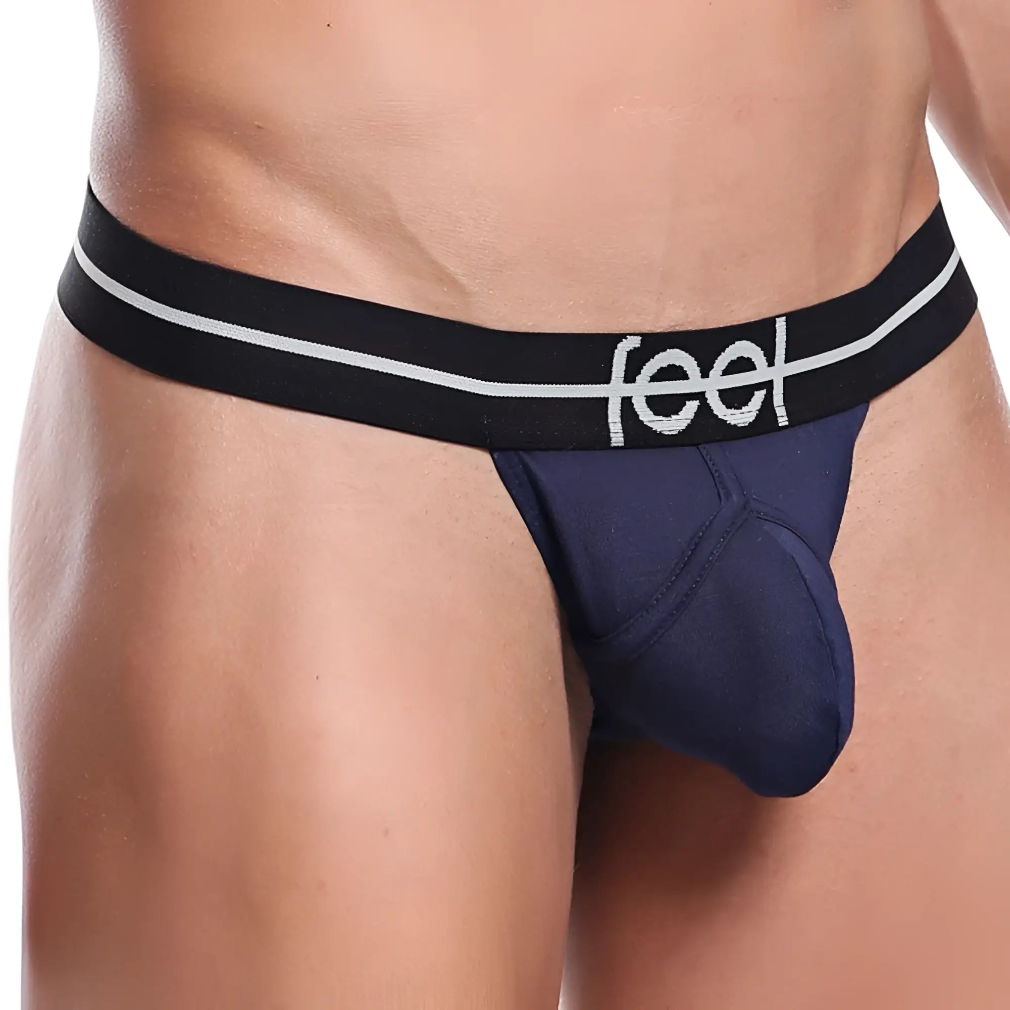 Feel fek018 perfect g-string jockstrap in black and navy blue with white trim showing front view