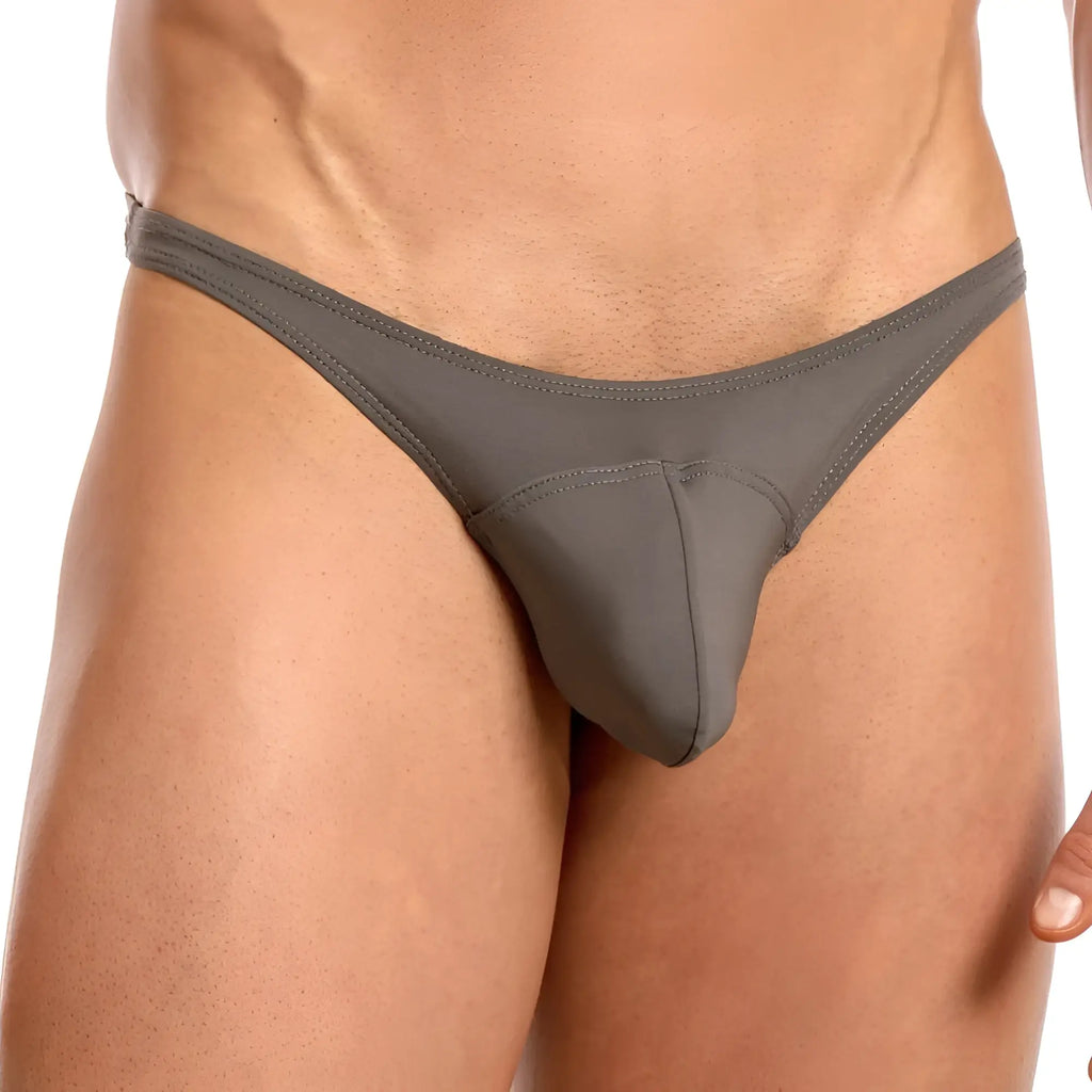 Gray form-fitting Feel FEK023 thong made of smooth stretch fabric with subtle seam detail shown from the back side