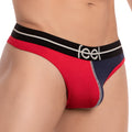 Feel FEK025 thong briefs in red and navy blue with black waistband featuring white stripes and feel logo
