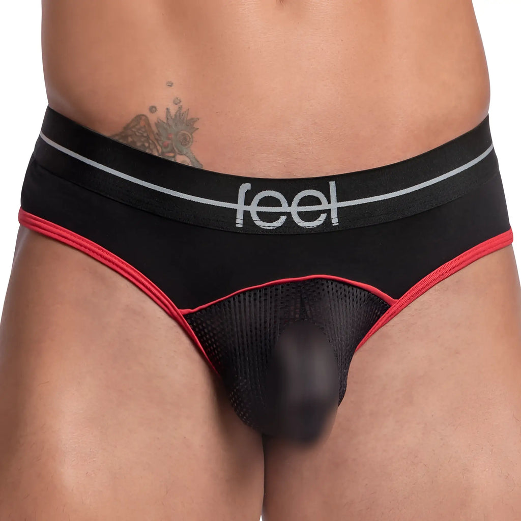 Black and red feel FEK029 thong briefs with mesh panel showing front side design and breathable material