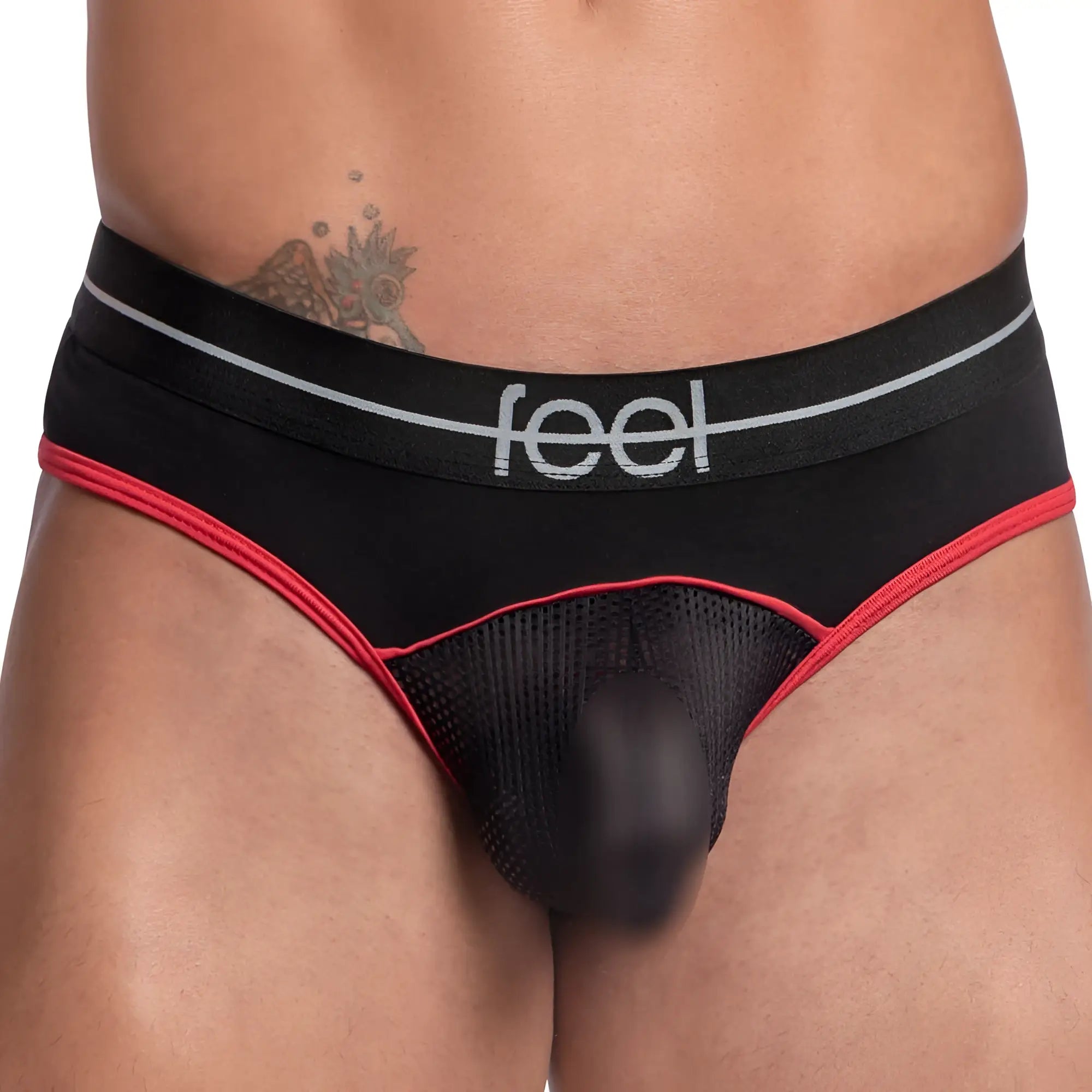 Black and red feel FEK029 thong briefs with mesh panel showing front side design and breathable material