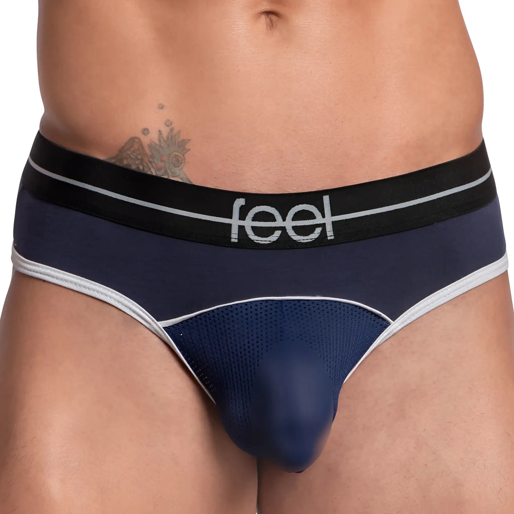 Feel FEK029 thong navy blue and gray mesh briefs with black waistband featuring feel logo in white lettering