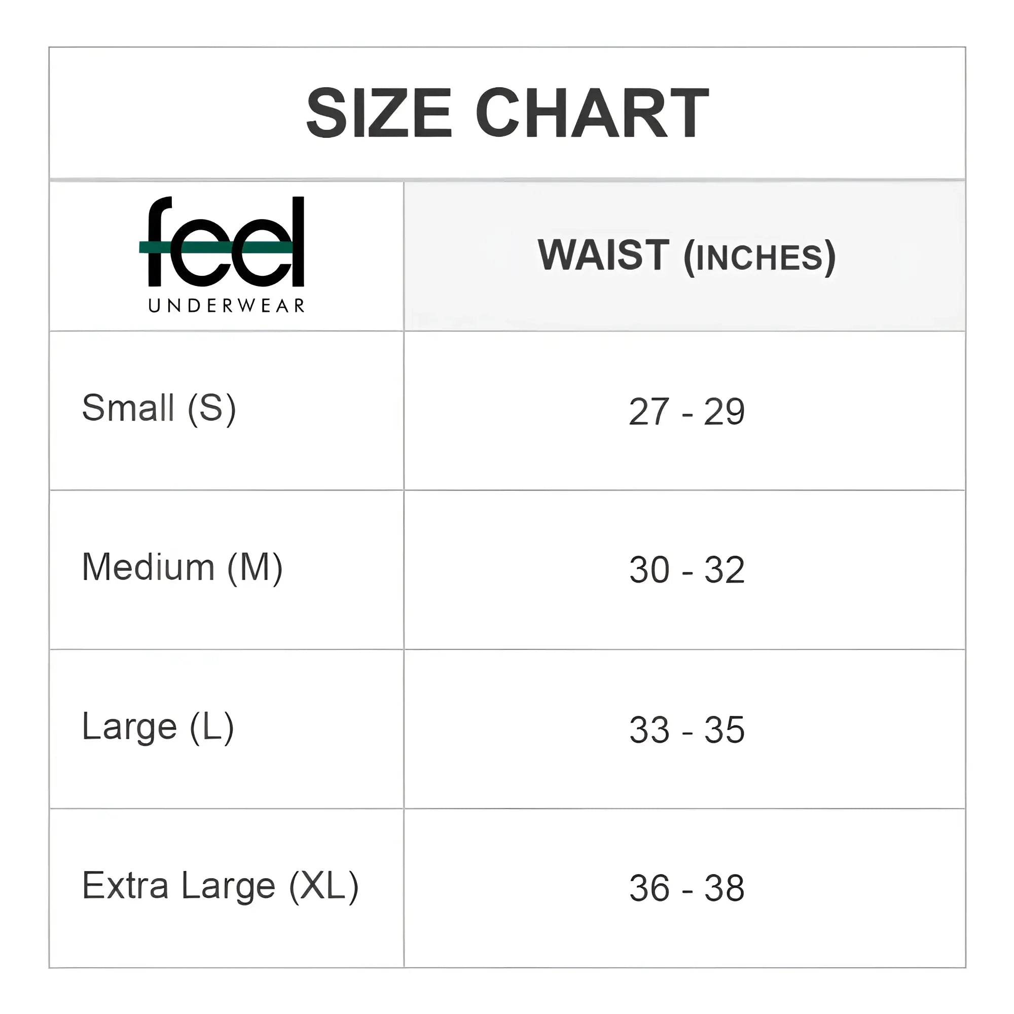Feel FEK029 thong size chart showing waist measurements for small to extra large Feel underwear sizes