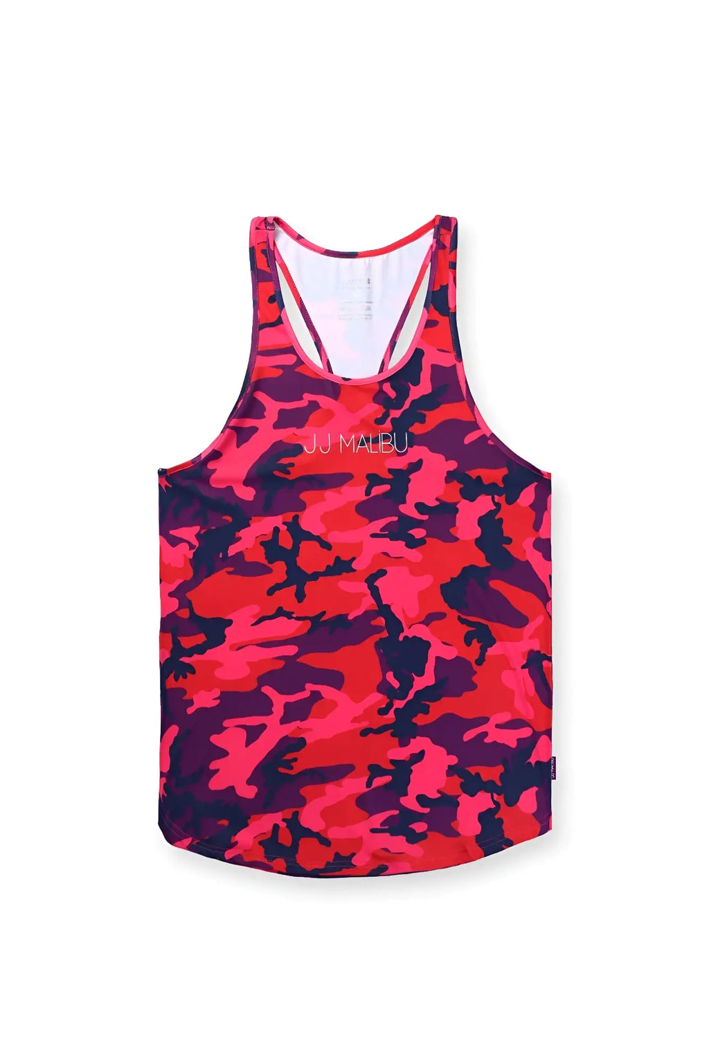 Feel-me scoop bottom tank purple camo by jj malibu is a vibrant red and navy camouflage tank top with racerback