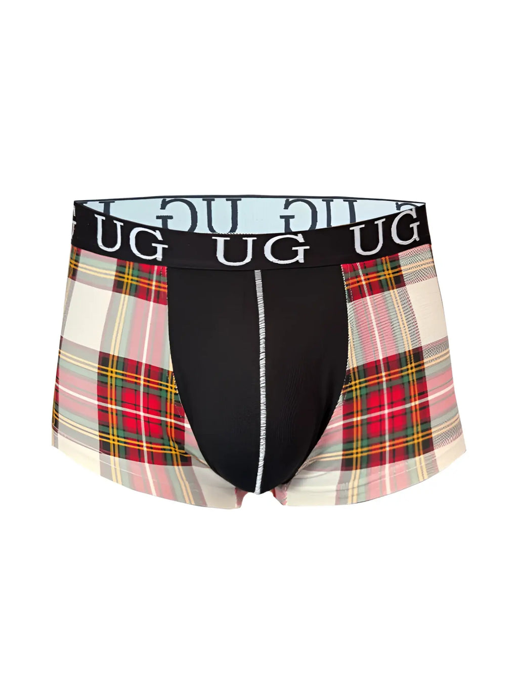 Black and plaid patterned men’s cotton boxer briefs with a branded waistband for festive comfort