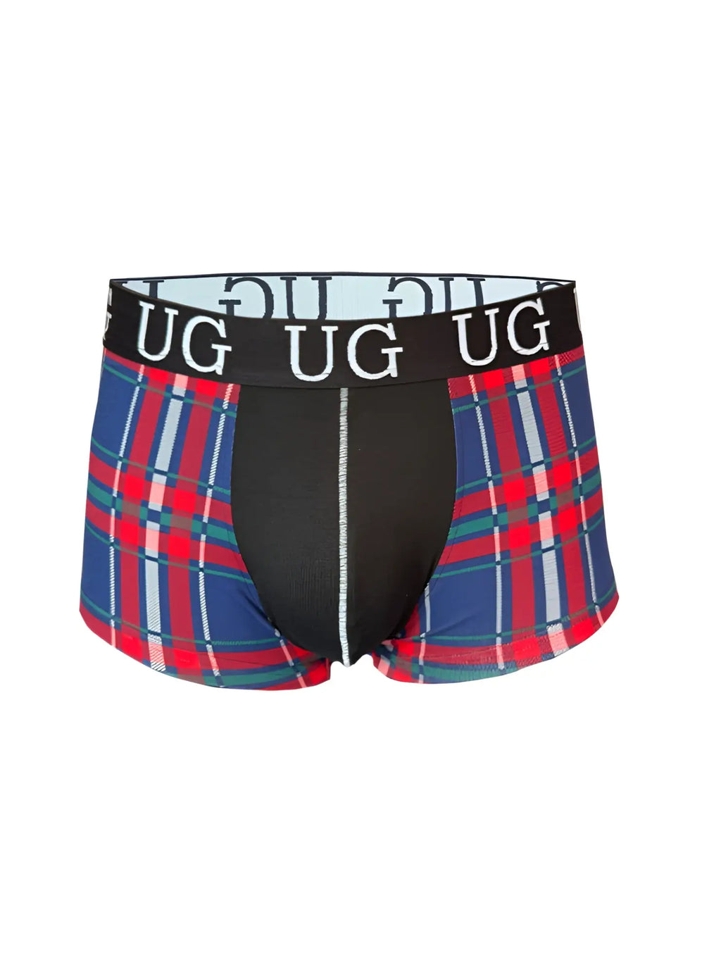 Festive comfort men’s cotton trunk boxer briefs with blue red white plaid pattern and black ug branded waistband