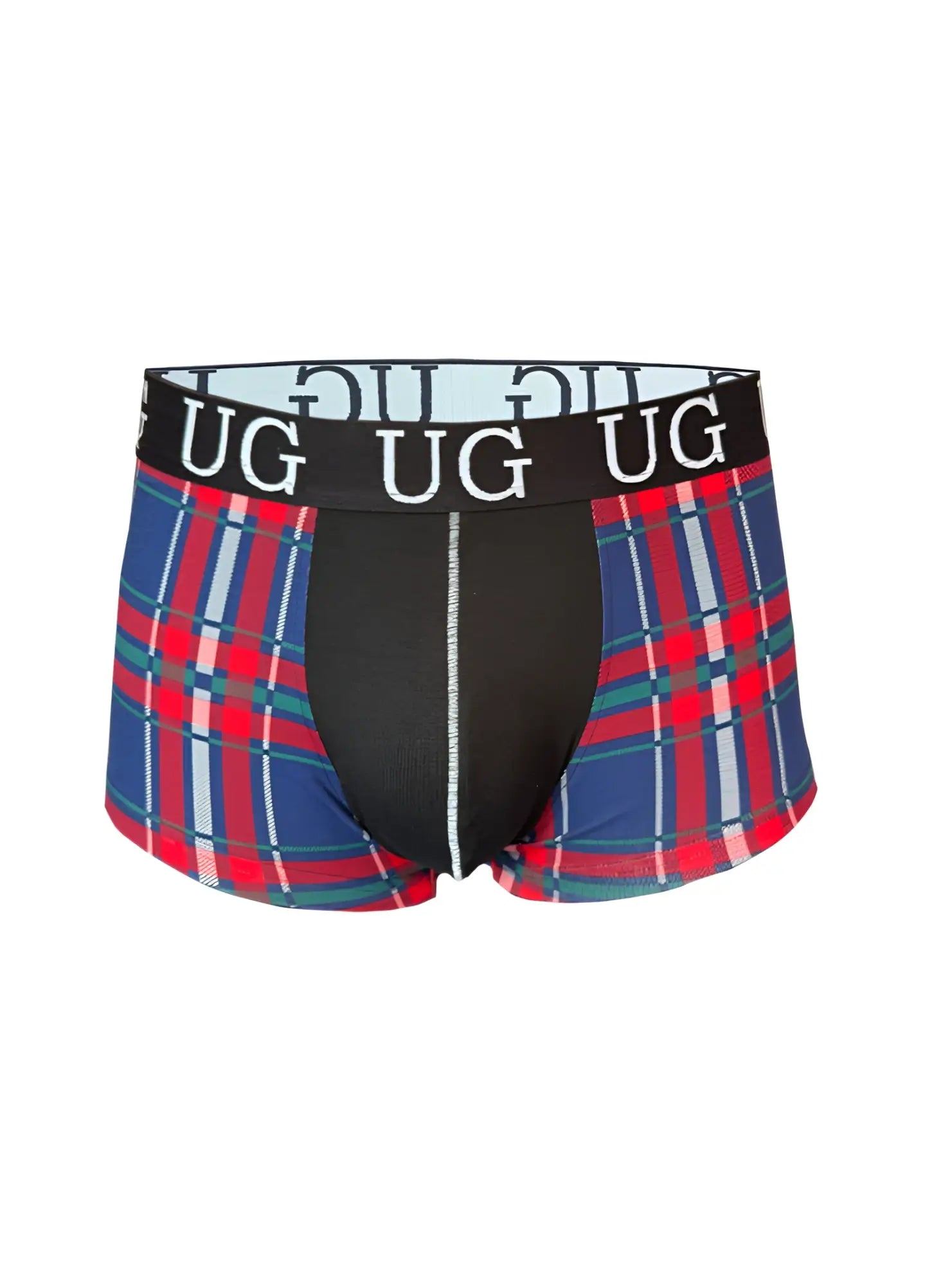Festive comfort men’s cotton trunk boxer briefs with blue red white plaid pattern and black ug branded waistband