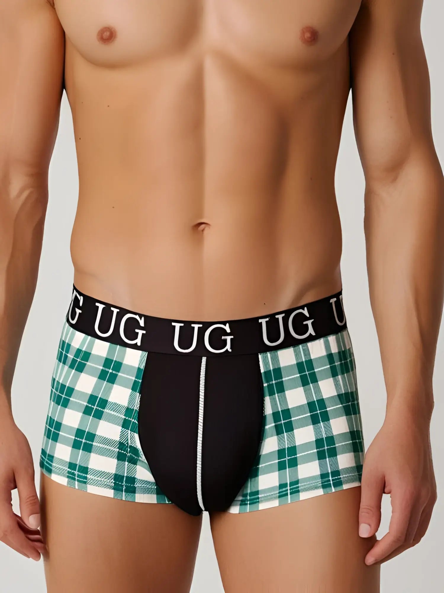 Festive comfort men’s cotton trunk in green and white plaid with black waistband and ug logo